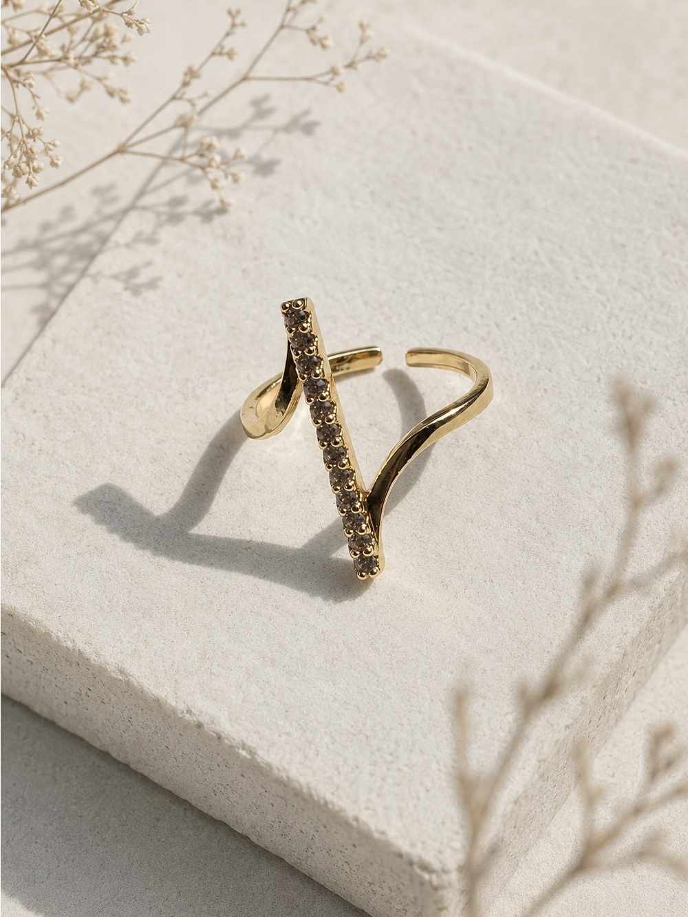 Gold Plated Bar Crystal Open Ring Adjustable size 6